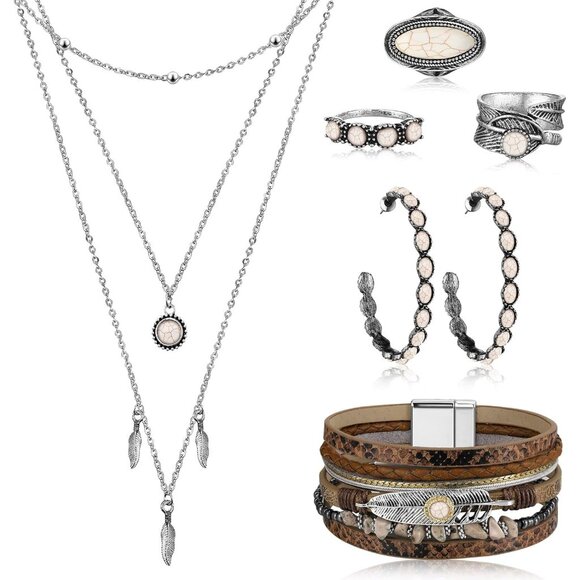 Stunning Bohemian Turquoise Jewelry Set - Necklace, Bracelets, Rings & Earrings - Picture 1 of 6